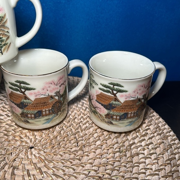 Vintage Japan set of 4 Cherry Tree Watermill Scene Coffee Mug Gold Trim no chips - Picture 3 of 6